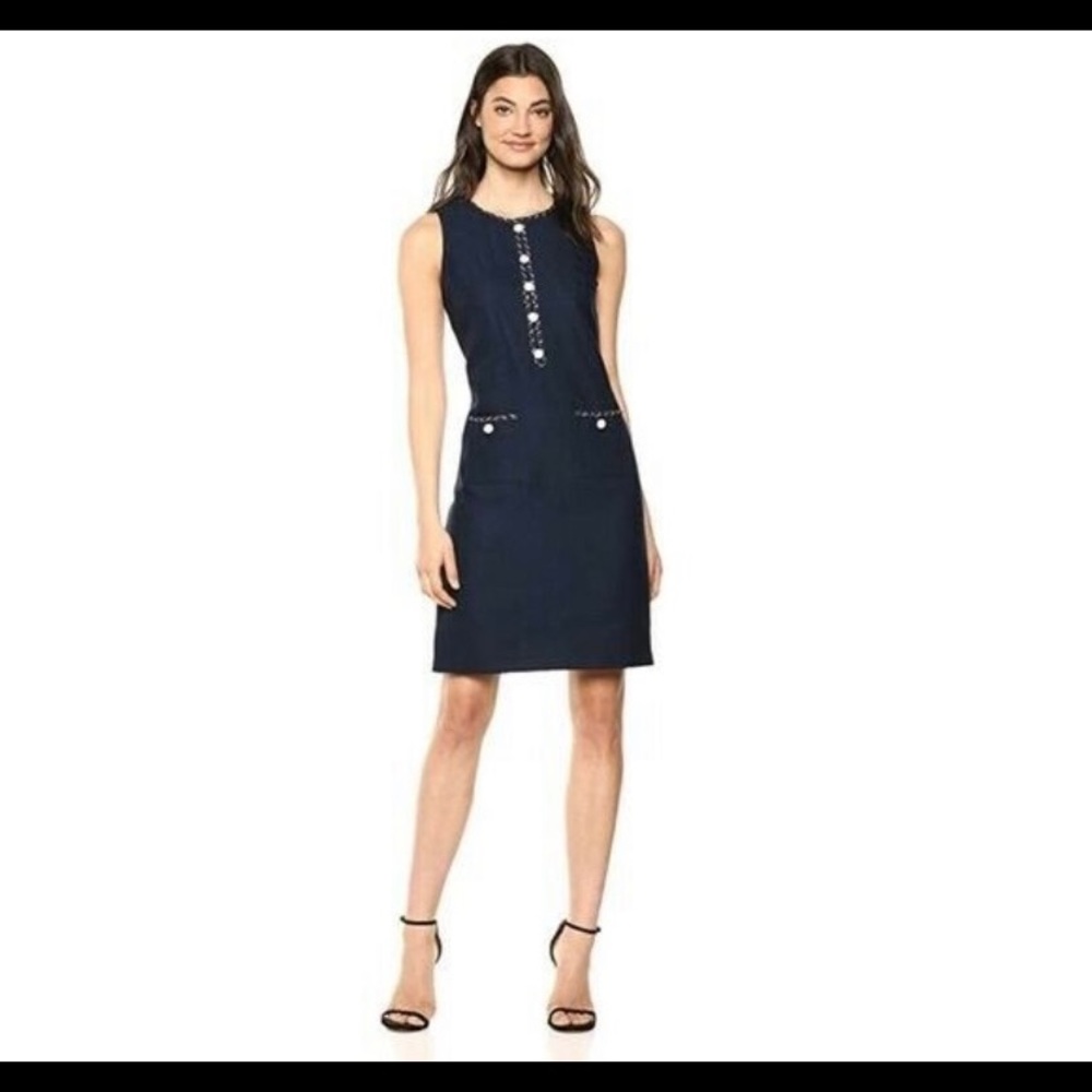 Karl Lagerfeld Paris navy Tweed Mini shift Dress Pearl Chain Sz 6 - Picture 2 of 11